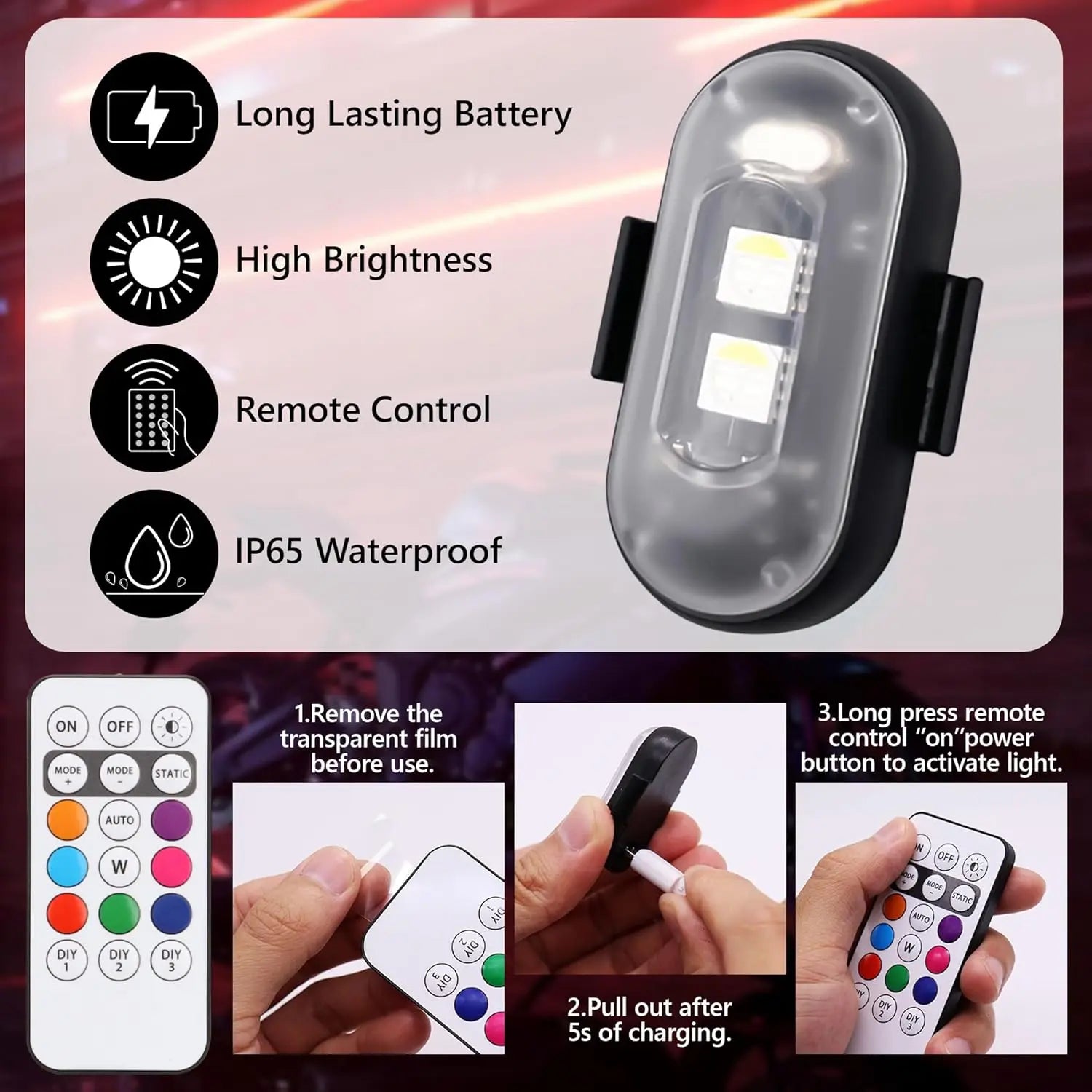 RGB LED Warning Lights for Motorcycles - Wireless Attention-Inducing Lights for Nighttime Camping, Cycling, and Running